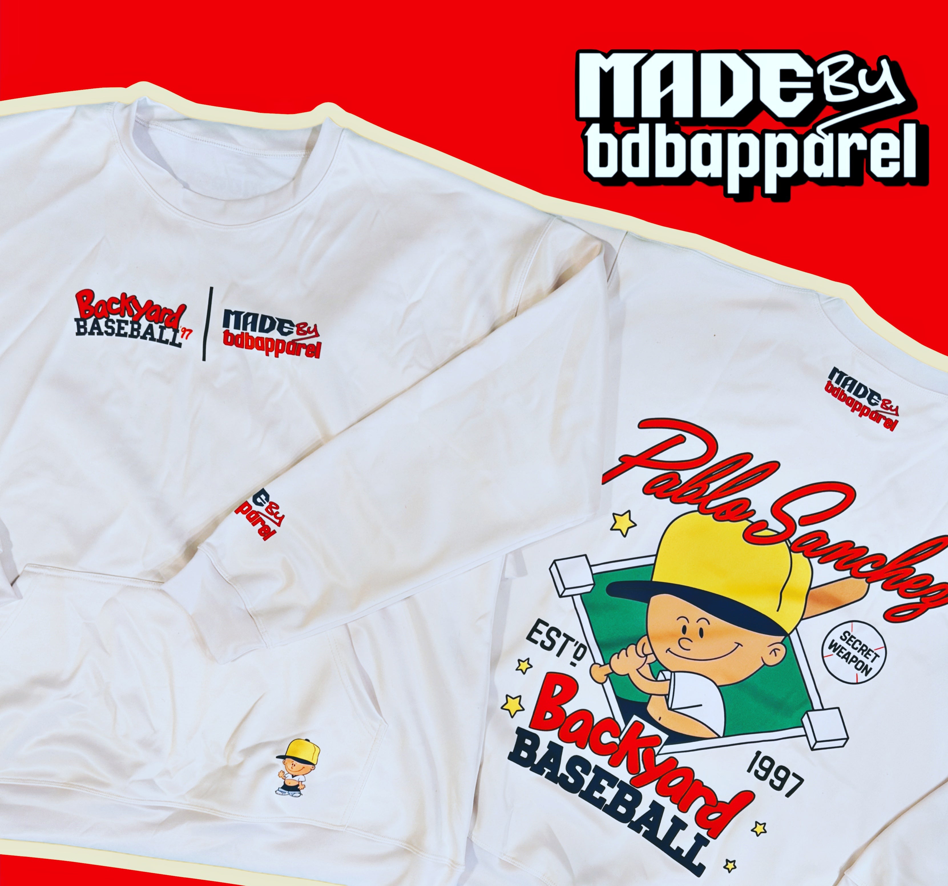 "MADE BY bdbapparel" Backyard Baseball “Pablo Sánchez” Crew Neck Sweatshirt With Kangaroo Pocket.